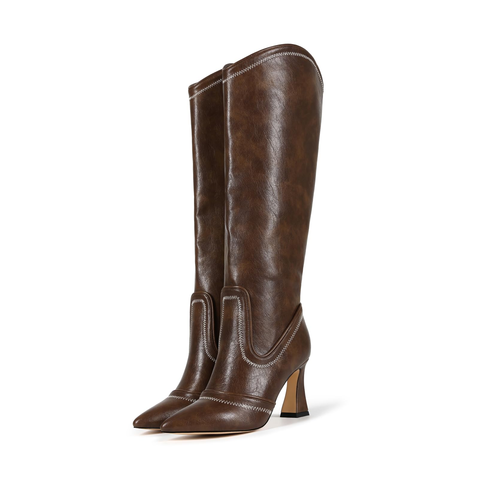 Womens Knee High Boots Pointed Toe 8cm Block Heel Wide Calf Slip On Leather Boots For Party Wedding