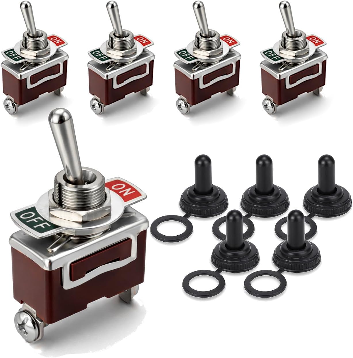 - Latching Metal Toggle Switch with Waterproof Cover | 20 Amp at 12VDC 125VAC | SPST ON/Off, 5-Pack