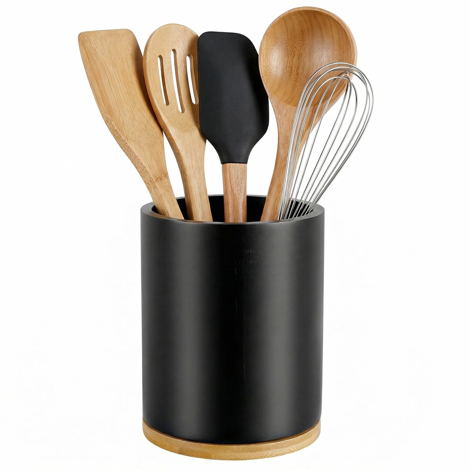 Portautensili da Cucina in Bambù Girevole 360°, Nero, 18.5×15.5×15.5cm, Impermeabile, Portautensili per Utensili da Cucina con Spazio 10-15 Utensili per Bancone da Cucina.