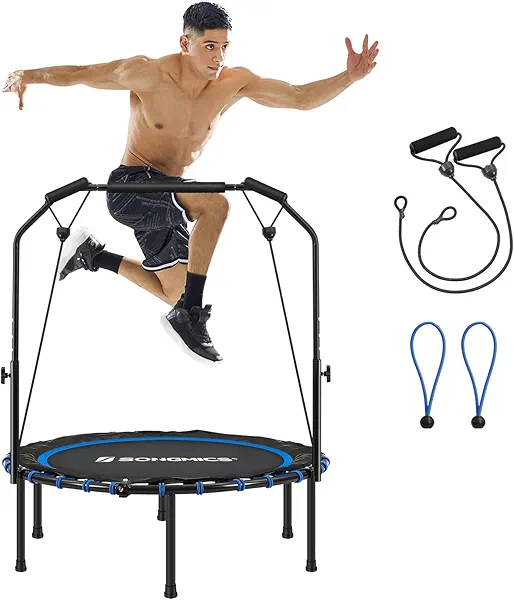 SONGMICS 40 Inches Mini Fitness Trampoline, Fitness Rebounder with Adjustable Handrail, Foldable Trampoline for At-Home Workout, Max. Load 264.6 lb Blue + Black 40”Dia. x 11.8”H (102 x 30 cm