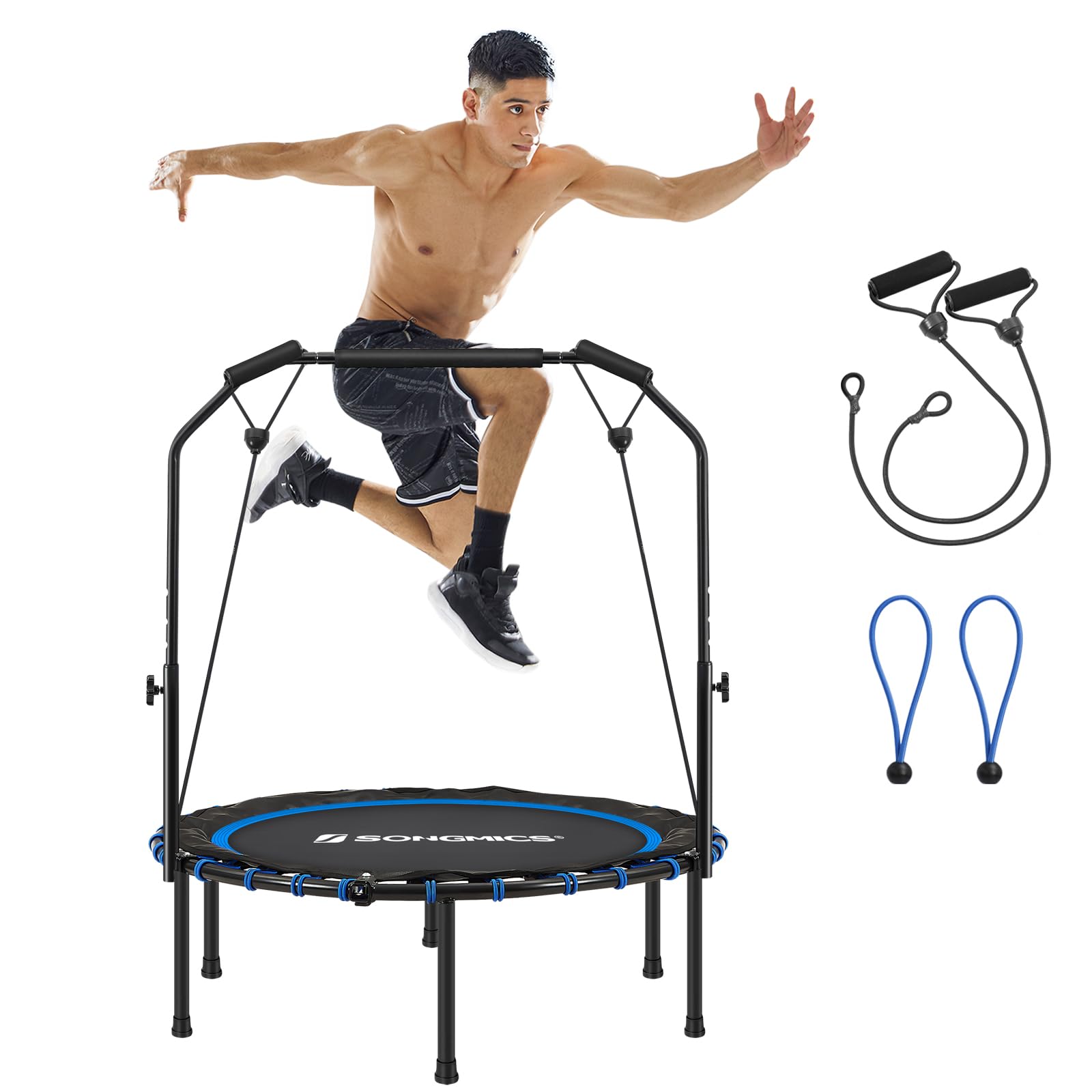 SONGMICS 40 Inches Mini Fitness Trampoline, Fitness Rebounder with Adjustable Handrail, Foldable Trampoline for At-Home Workout, Max. Load 264.6 lb, Blue and Black USTR040Q01