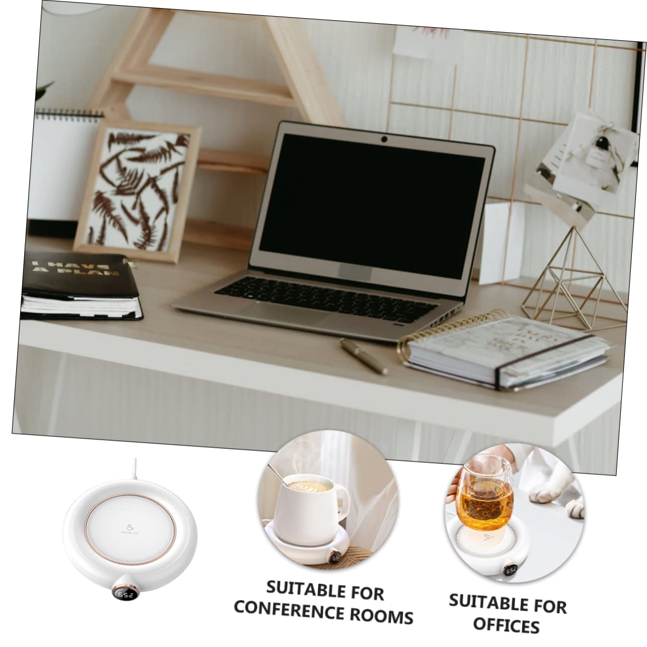 Posavasos Calentador de Tazas USB 5v 10w, Plástico Blanco | Niveles Múltiples 55℃-65℃-75℃, Apagado Temporizador 8h, Diseño Compacto para Casa y Oficina
