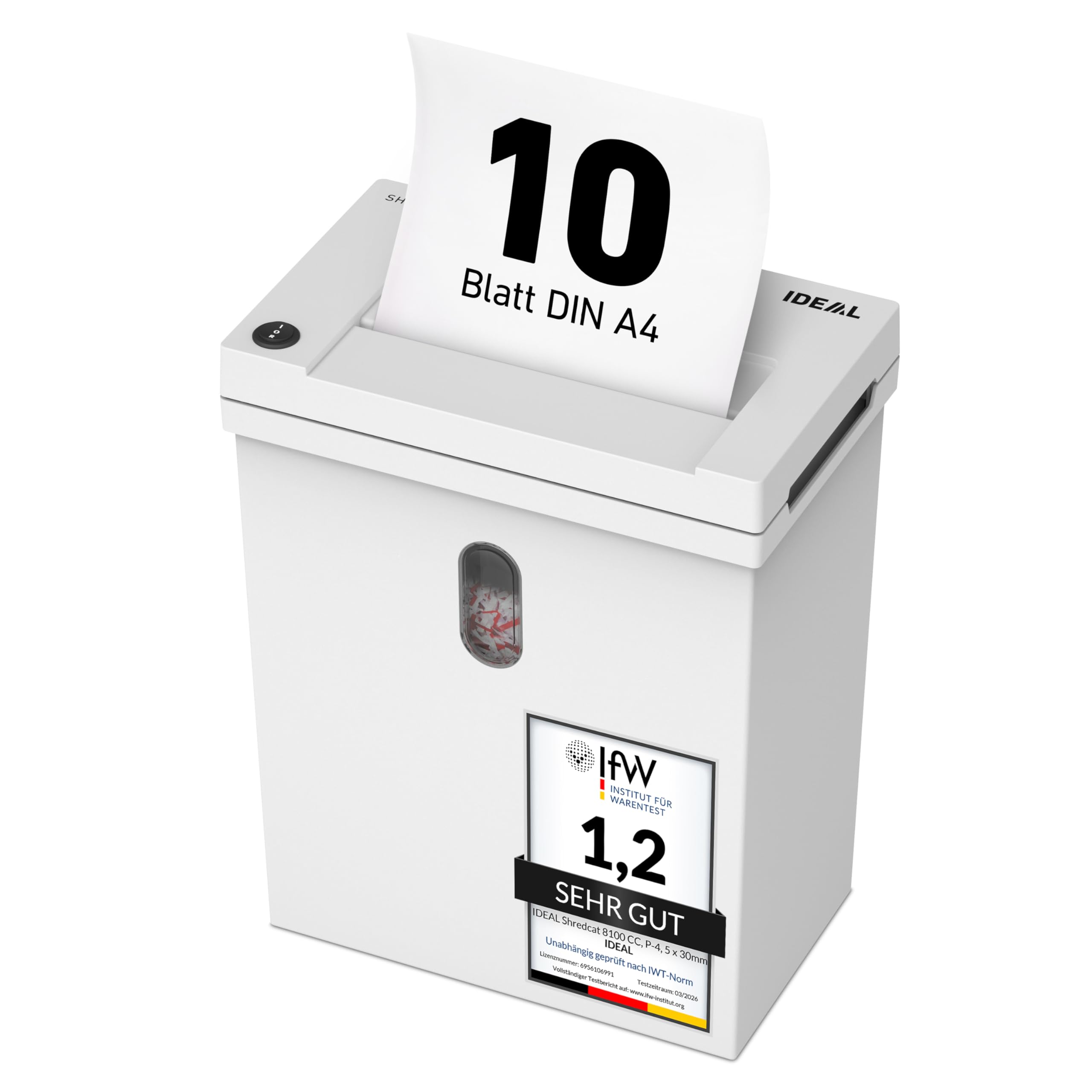 IDEAL Shredcat 8100 CC Aktenvernichter P4, 10–12 Blatt (80-70 g/m²), leise, 20L, Partikelschnitt 5×30 mm, Auto Start/Stopp, DSGVO-konform, Home Office & Büro Schredder
