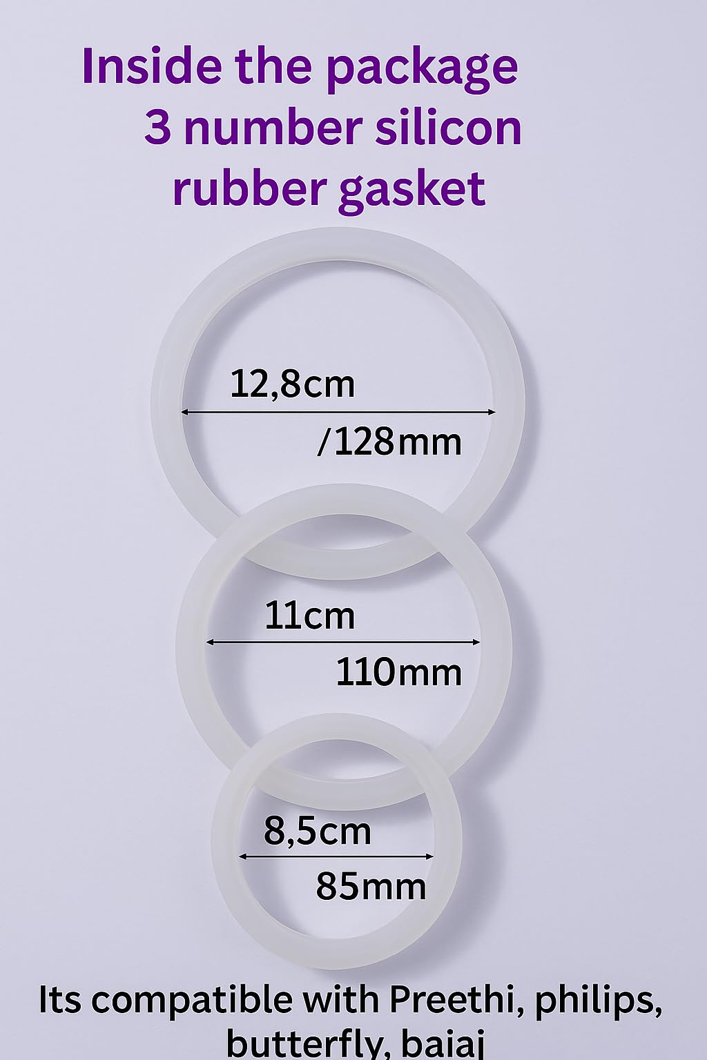Wonder Star Universal Silicone Gasket Ring Set, 3 Sizes (8.5cm, 11cm, 12.8cm), Food Grade Flexible Sealing Rings Compatible for Preeti, phlips, Buterfly, sumeet Mixer Grinder Jars, Pack of 3 — Amazon image 3