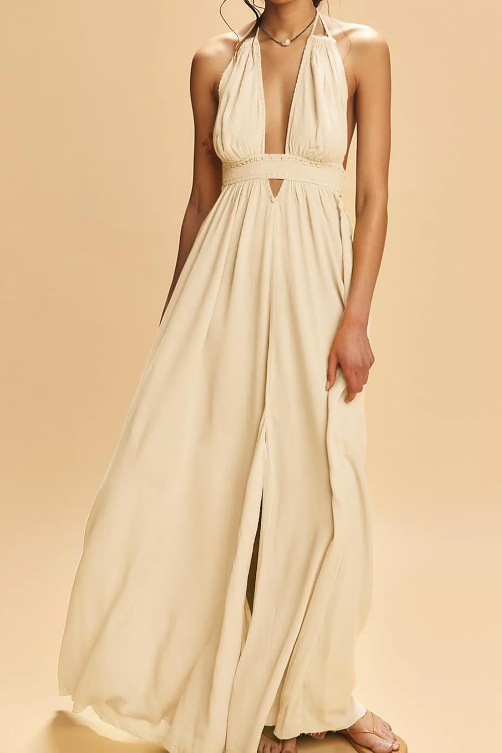 R.Vivimos Boho Maxi Dresses for Women 2026 Summer Sleeveless Halter Elastic Waist Sexy Backless Front Slit Flowy Long Dresses - Image 2