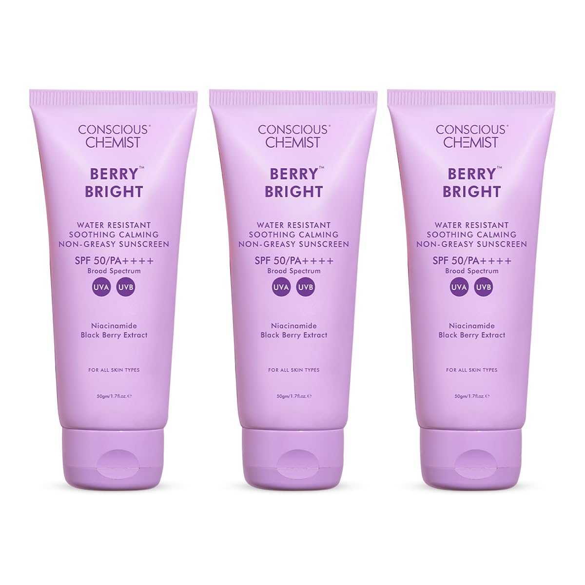 Conscious ChemistSunscreen SPF 50 PA++++ | 150g | Sunscreen for Oily Skin, Gel Sunscreen, Niacinamide with Black Berry Extract, Lightweight, Water Resistant, All Skin Types - Berry Bright