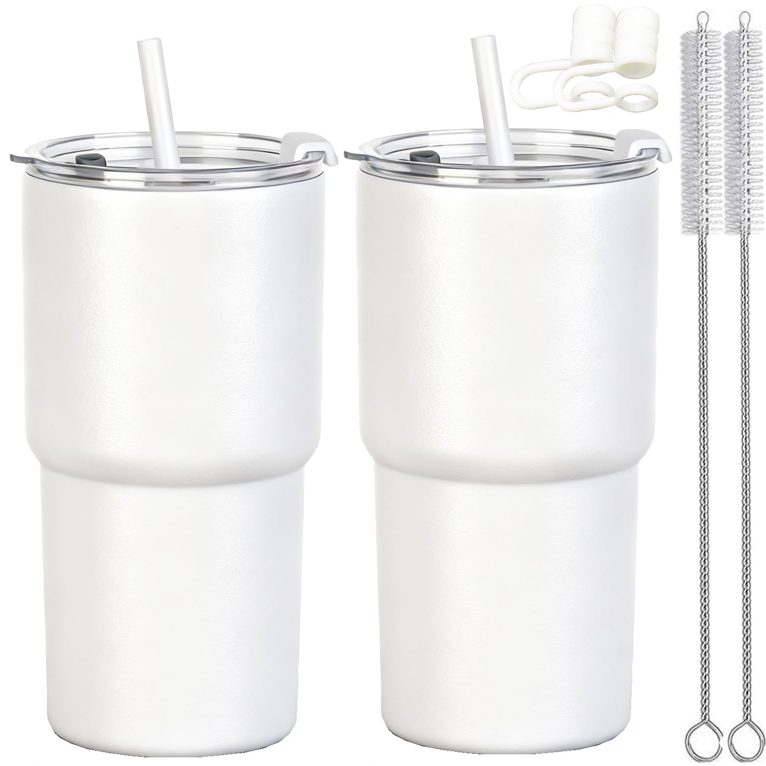 CuppaLifes 510ml Plastic Cups with Lids and Straws, Double Wall Reusable Coffee Cup, Translucent Travel Mug for Hot Drinks (2, White)