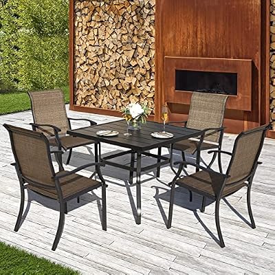 NUU GARDEN 5 Piece Patio Dining Set Outdoor Table and Chairs Set for Garden Patio Backyard, 4 Textilene Dining Chairs and 1 Iron Patio Table with Umbrella Hole, Black and Brown