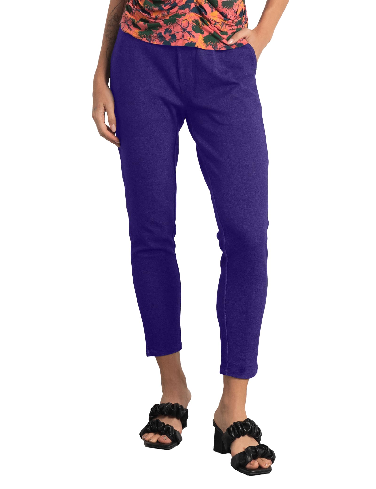 Enorsia Womens Jersey Chino Trousers with Elasticated Waist, Hook and Bar, Cropped Length, Handy Pockets and Soft Touch Cotton Fabric (Blue, 18)