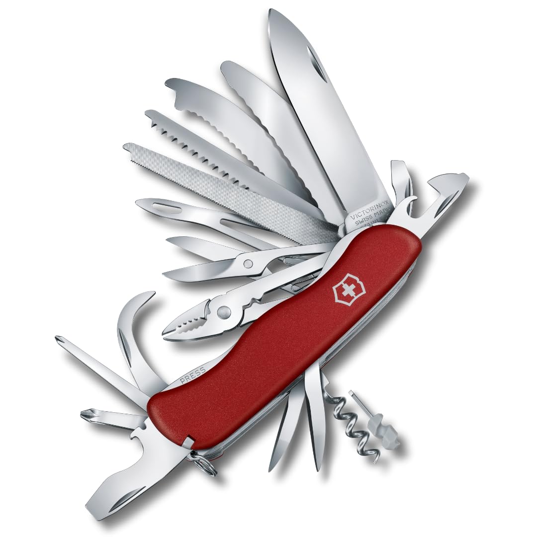 Work Champ Swiss Army Knife, Large, Multi Tool, 31 Functions, Large Locking Blade, Red