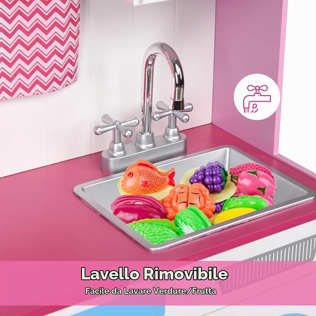 COSTWAY Cucina Giocattolo per Bambini in Legno, Cucina per Bambini con Forno, Microonde, Stufa a Gas, Lavello e Rubinetto, per 3 Anni+