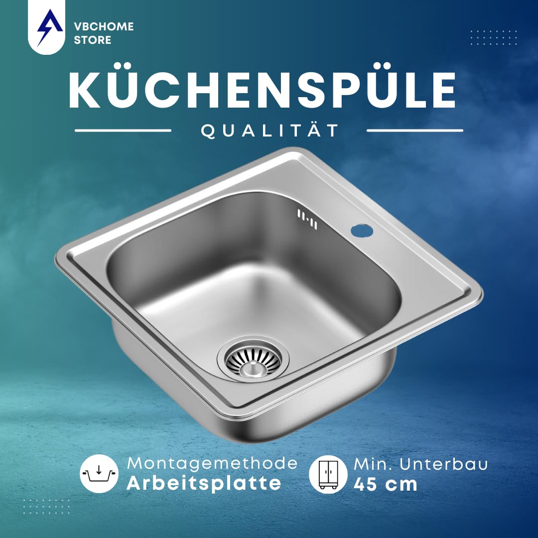 VBChome Fregadero de Acero Inoxidable 48x48 cm - Superficie Lino, Cubeta Profunda, Anticorrosión y Antirayaduras, Alta Calidad, Para Cocina y Armario de 45 cm