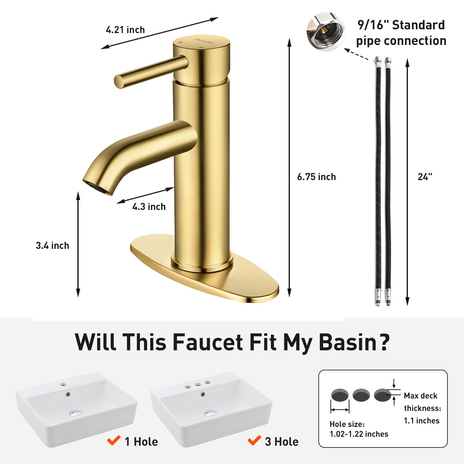 Kohonby Robinet De Salle De Bain Moderne Doré Brossé à Trou Unique, Robinet D'évier De Salle De Bain à Poignée Unique En Acier Inoxydable Avec Plaque