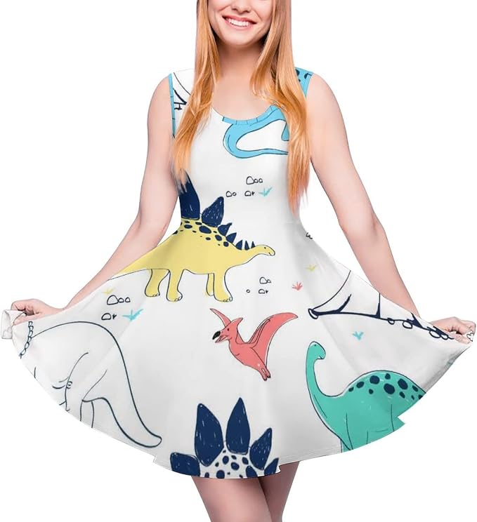 MOMOLOA Abito da Donna Modello di Dinosauri del Fumetto di Disegno A Mano  Abito Senza Maniche con Scollo Tondo : Amazon.it: Abbigliamento