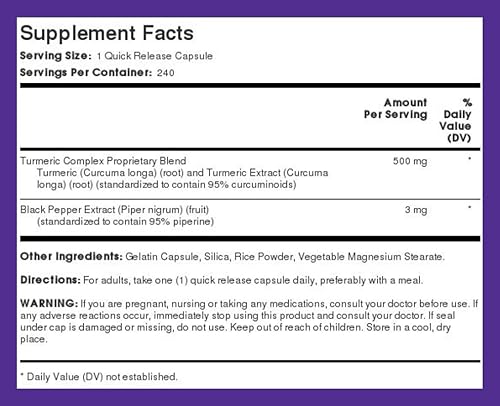 Miniatura 8 de Piping Rock Suplemento de curcumina de cúrcuma 500 mg | 240 cápsulas | con pimienta negra | Extracto complejo estandarizado | Sin OMG, sin gluten