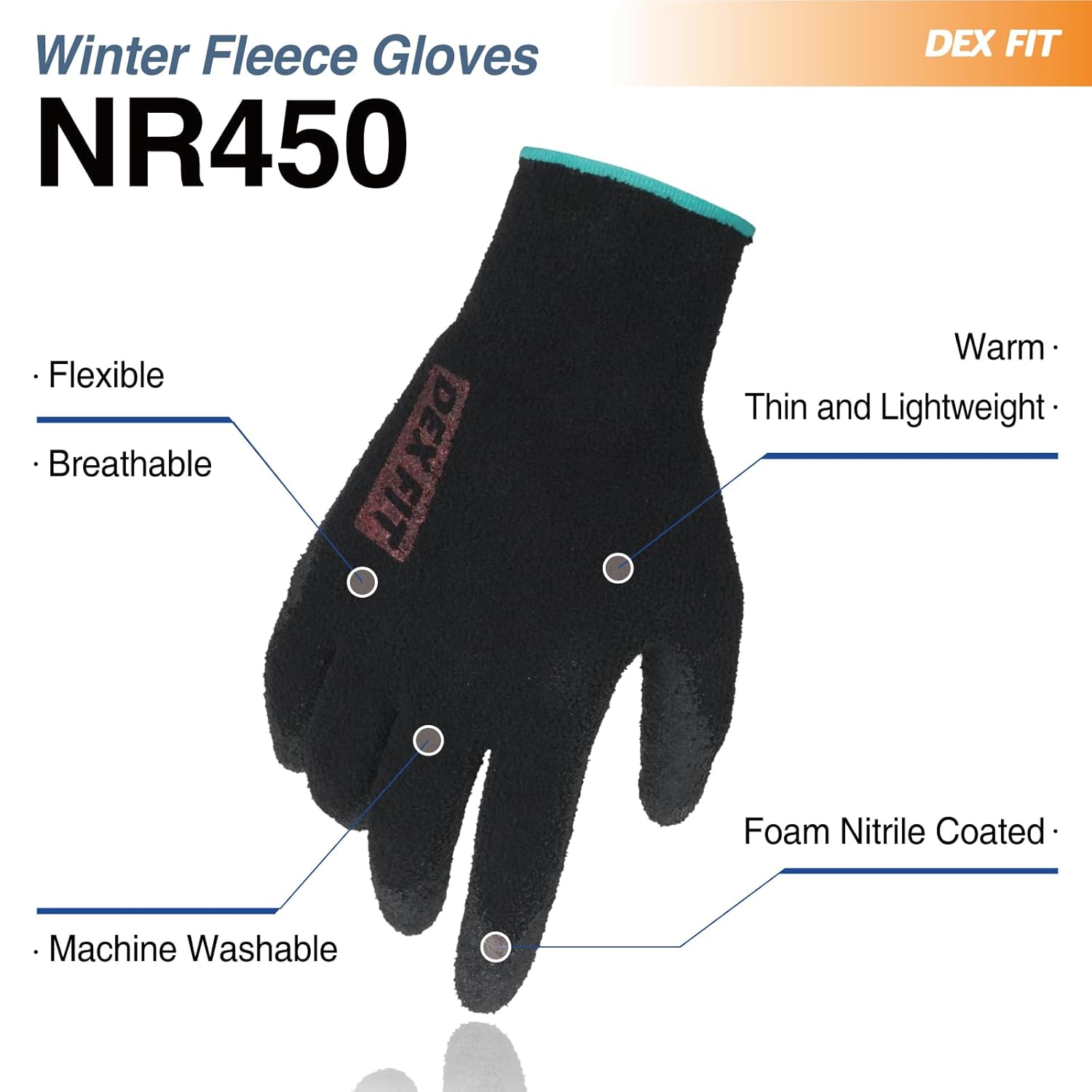 DEX FIT Work Gloves for Cold Weather NR450 - Warm Fleece, Firm Nitrile Coated Grip, Lightweight & Flexible, Ideal for Outdoor Winter Work, Men and Women, Machine Washable; Black 7 (S) 3 Pairs