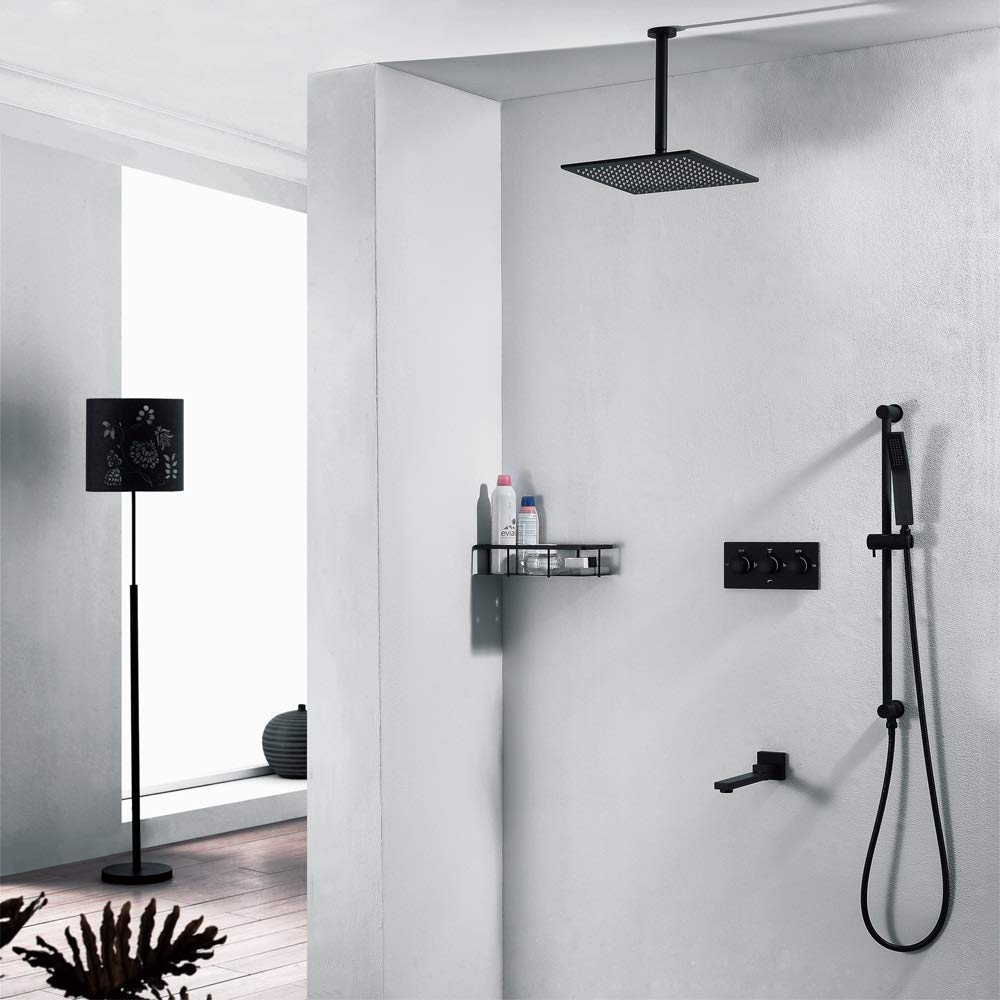 OZBMA Shower Set Faucet Black Concealed Wall Three-function And Cold Boom Type 250 Square Top Spray Fixed Showerheads Bathroom