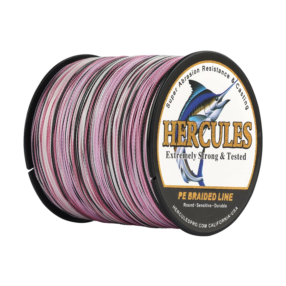 HERCULES Braided Fishing Line 4 Strands - 40LB, 547YDS, Pink Camo