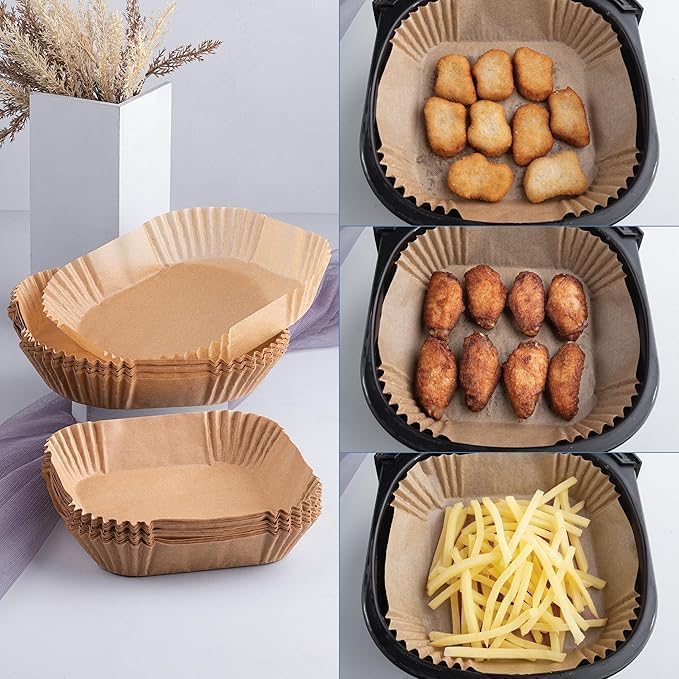 Image of E-COSMOS EasyBake 100 PCS Disposable Air Fryer Paper Sheets - 8 Inch Oil-Proof Parchment for Roasting, Baking & Cooking - Great for Microwave Use (Disposable Liners)