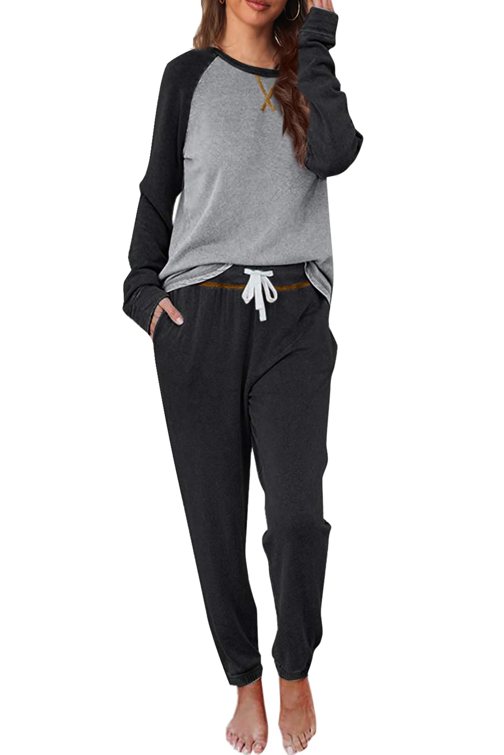 Cysincos Womens Sweatsuits 2 Piece Outfit Sweatpants Loungewear Jogger Pajama Set Long Sleeve Pullover Drawstring Pants