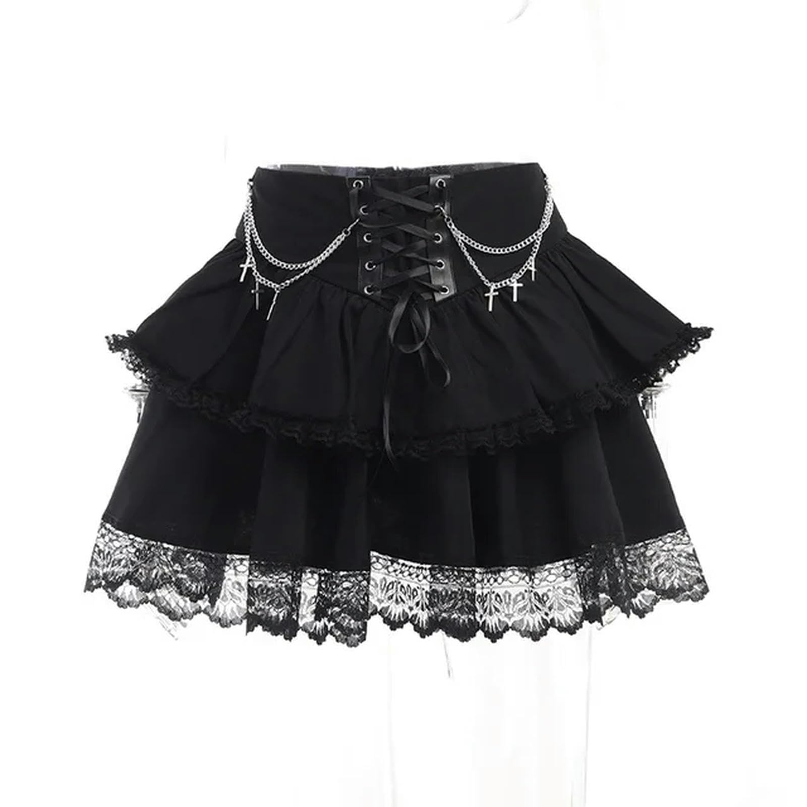 Generic Goth Dark Mall Gothic Bandage Pleated Mini Skirts Aesthetic High Waist Chain Skirt Punk Lace Hem Halloween Alt Outfit-Black-M