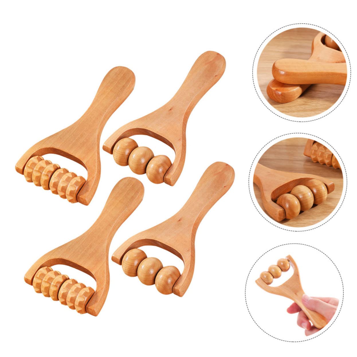 Beavorty 4pcs Wood Roller Massager Foot Hand Shoulder Back Massage Tool Handheld Natural Material
