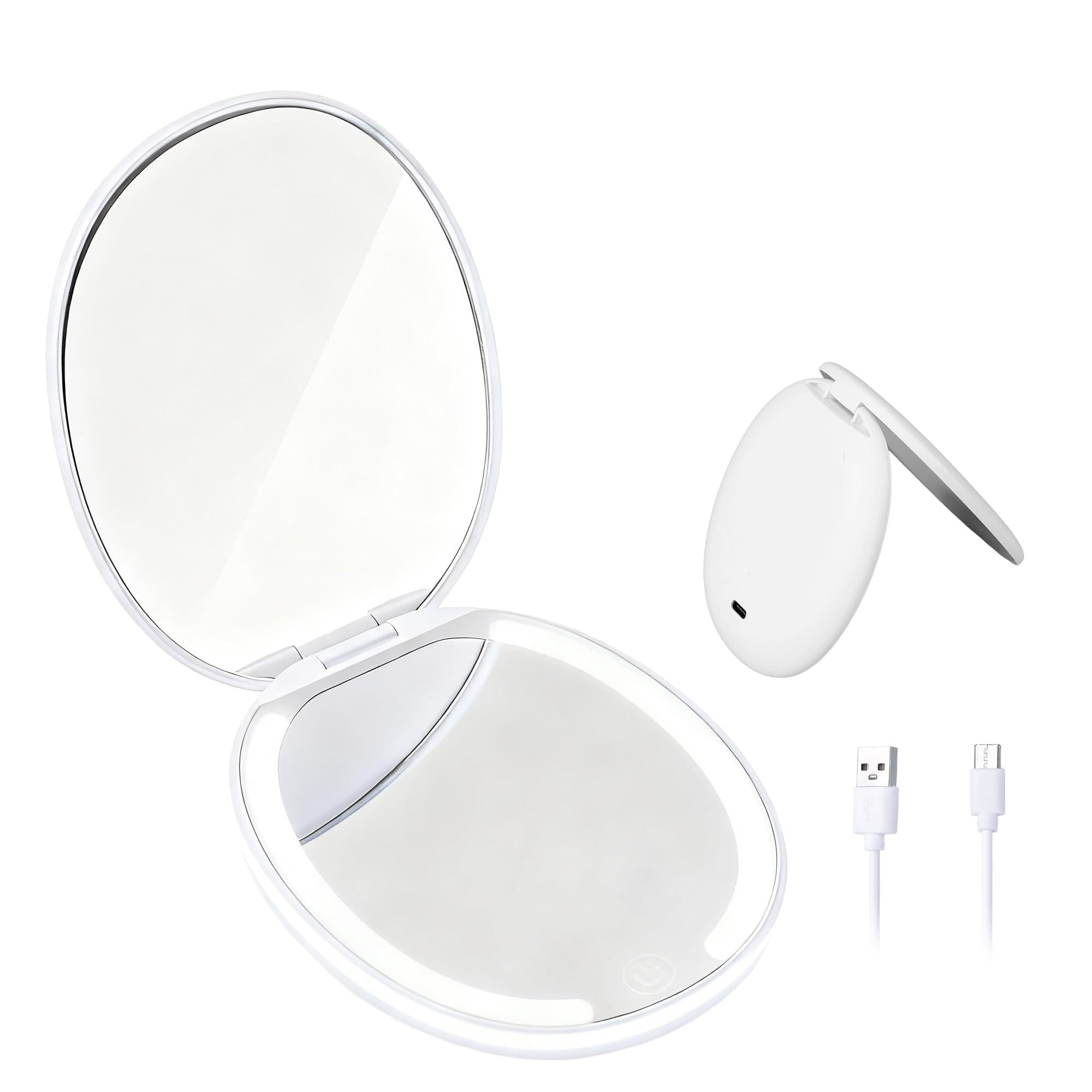 Espejo de maquillaje compacto, espejo de maquillaje portátil de 1 x 5 aumentos con luz LED, blanco, pequeño, plegable, recargable por USB, espejos de maquillaje iluminados con iluminación de 3 colores