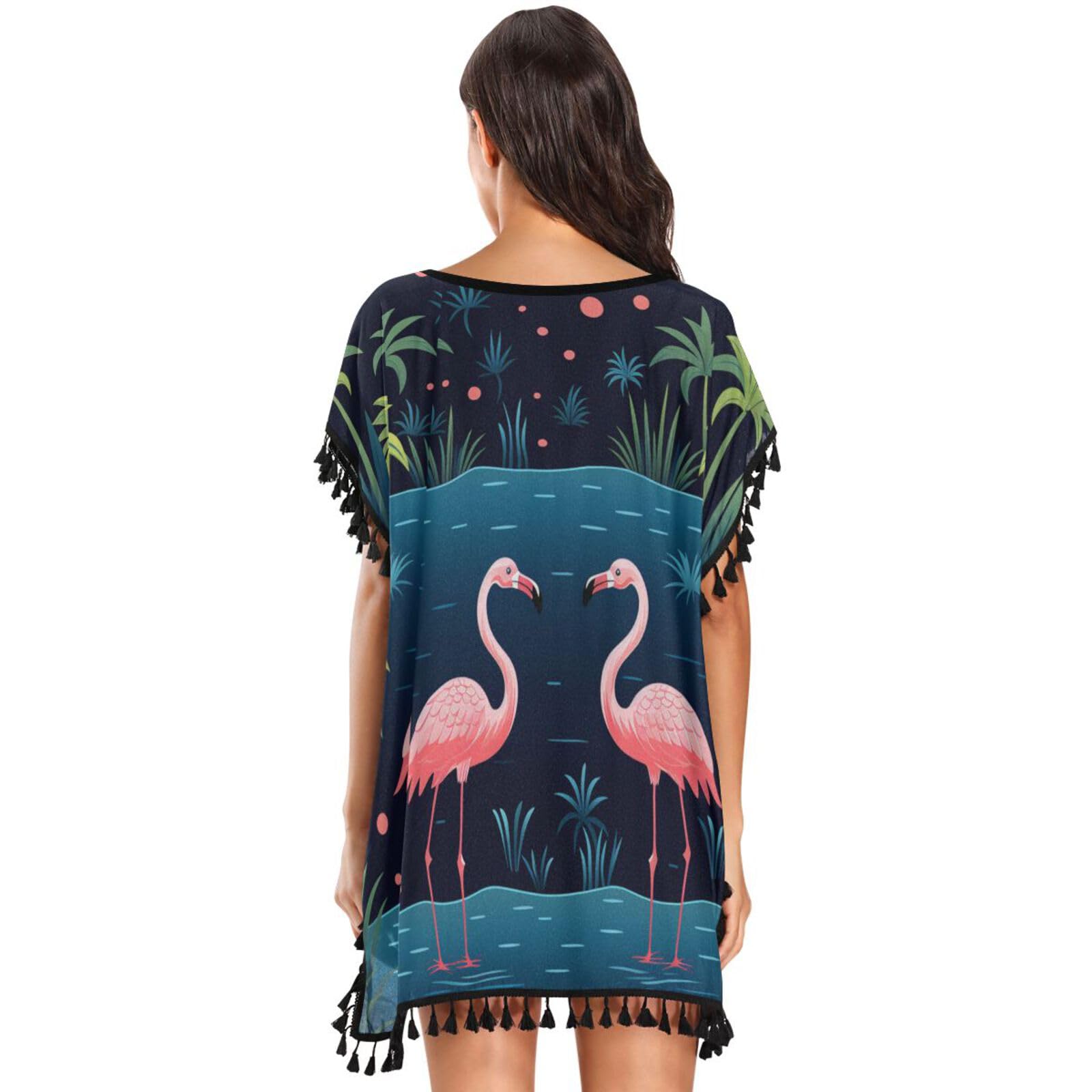 Funny Cartoon Art Flamingo Women's Beach Cover Up Chiffon Tassel Swimwear Swimsuit Coverups for Girl