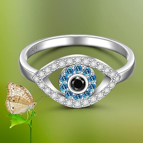 Miniatura 2 de Anillo de ojo turco espiritual con protección contra el mal de ojo de plata de ley con zafiro azul para mujer, amuleto griego Nazar, talla 6-10