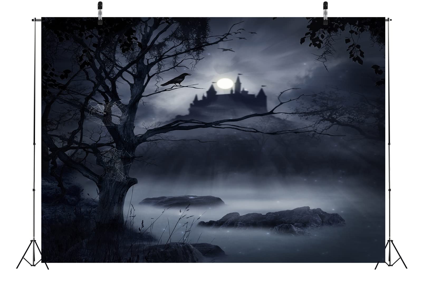 BELECO 4.6x3m Telo sfondo castello horror Halloween | Palude spaventosa alberi ragnatele luna piena sinistra sfondo festa halloween accessori foto