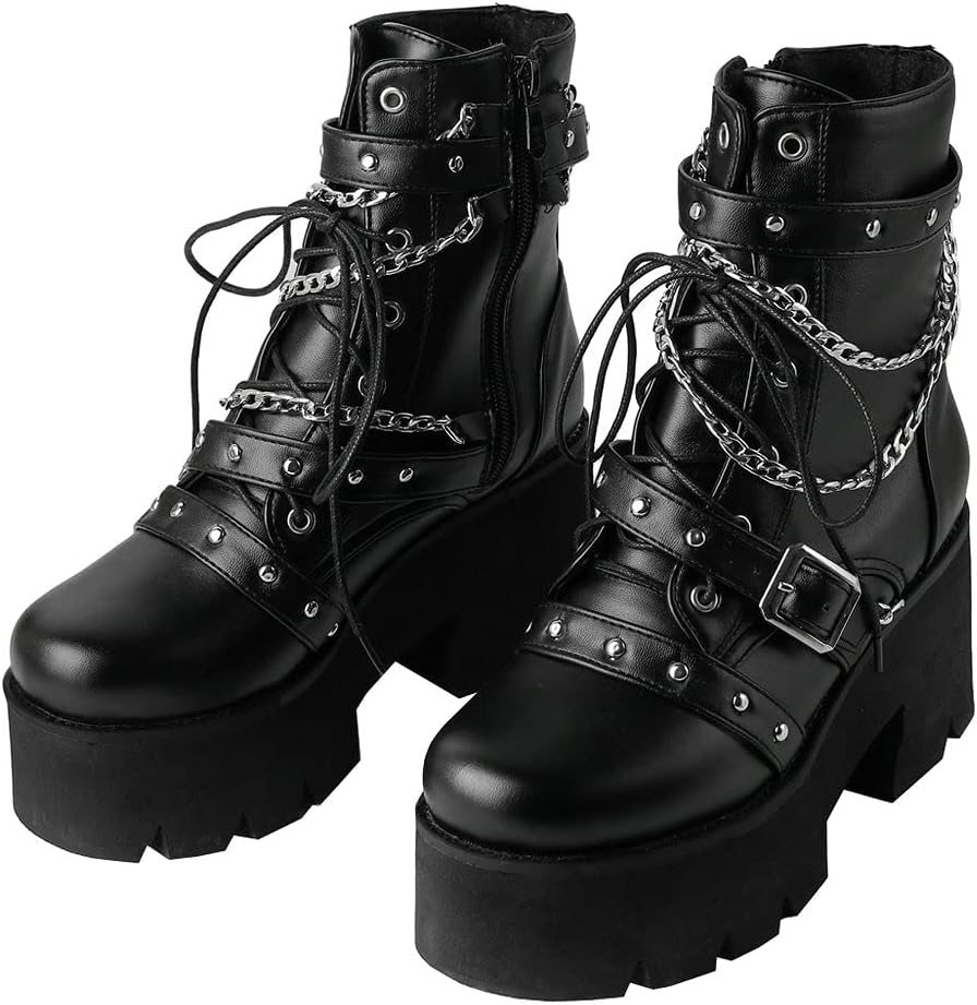 LUXMAX Women Buckle Goth Chunky Platform Ankle Boots Lace Up High Heel Motorcycle Boots with Chain - Image 5