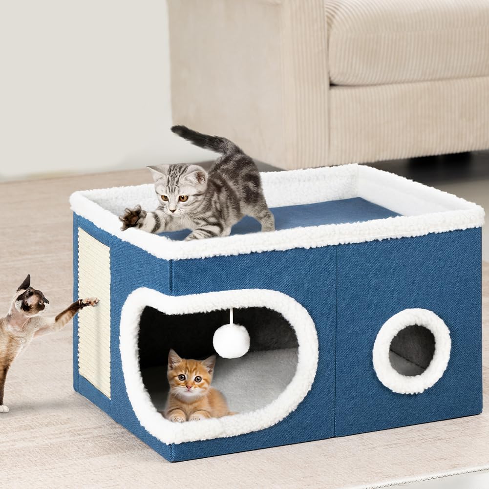 BAKAJI Cat Kennel with Round Entrance and Wool Edge, Pet Shelter, Scratching Post in Warm and Padded Polyester, Non-Slip Base 58 x 42 x 33 cm (Blue)