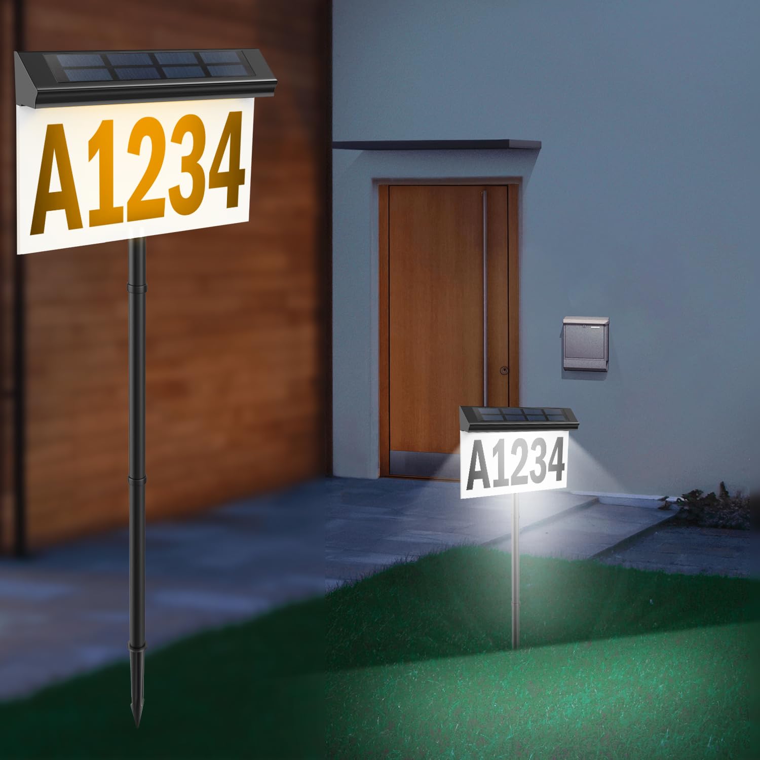 T-SUN Solar House Number Sign for Outside Light Up Solar Address Sign with Stake, Led Illuminated Home Number, Cold/Warm White Waterproof Wall Mounted/In Ground for Yard Street Driveway Markers