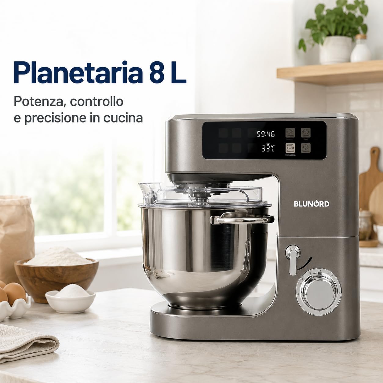 Planetaria 8 Litri BLUP4975 DELUXE, Impastatrice Planetaria 2100W con Bilancia Integrata, Display Touch a Colori, 12 Velocita, Fermentazione 25-45 C, Ciotola Inox e 3 Accessori