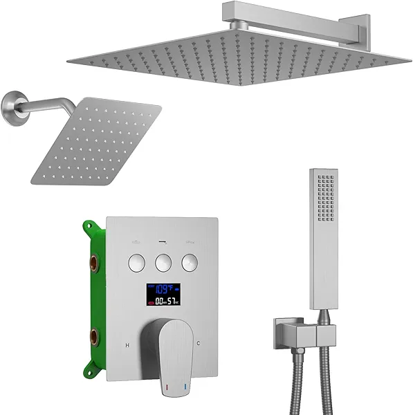 KATAIS Temperature Display Shower Fixtures Brushed Nickel Rainfall Shower System, Push Button Shower Faucet with 12 inch and 8 inch Wall Mounted Shower Head, Handheld Shower
