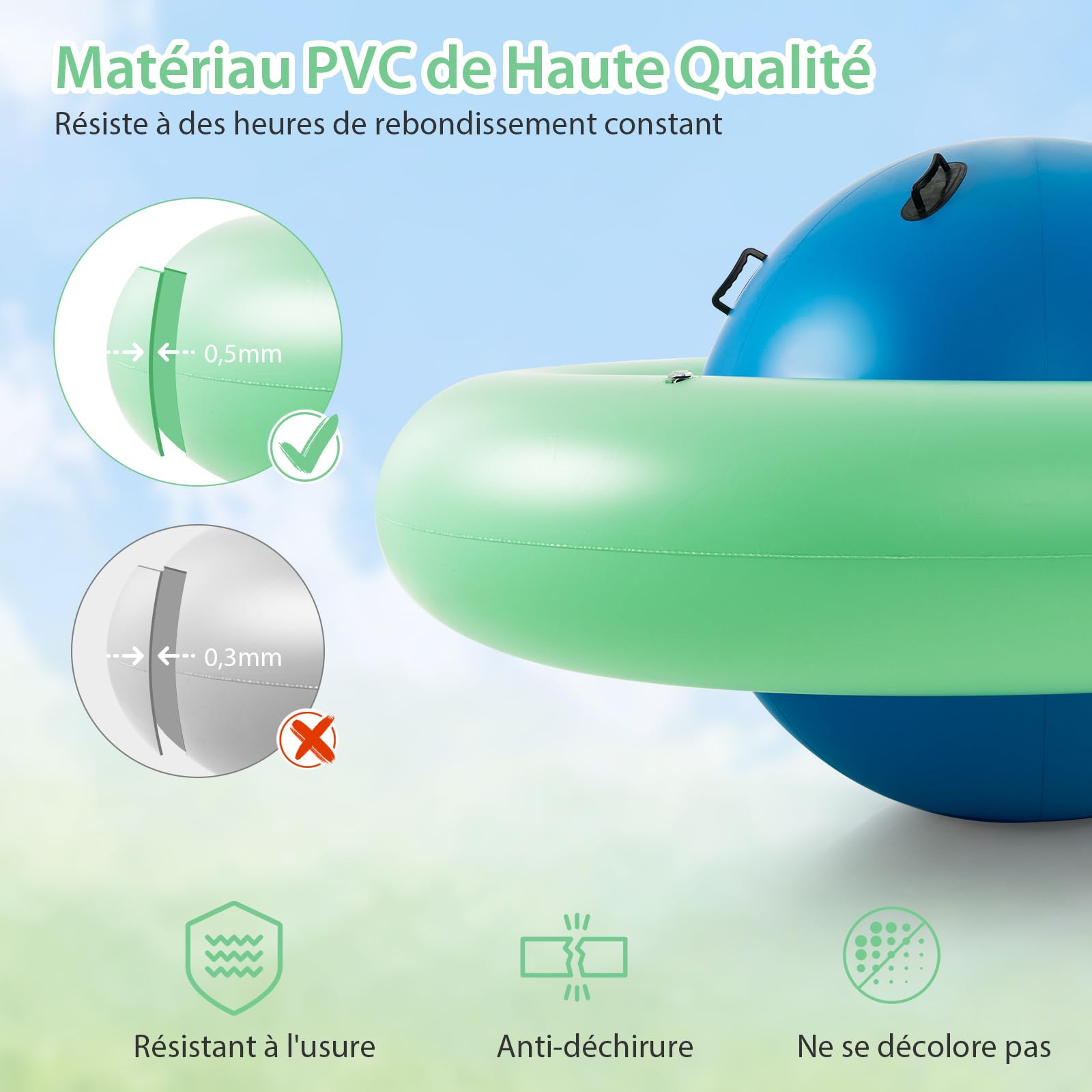 COSTWAY Balle Gonflable Enfants Ø233cm avec 6 Poignées, Château Gonfable en PVC avec Surface Élastique, Balle Rebondissante Intérieur Extérieur pour 3 Enfants de 5 Ans+, Charge 113kg (Bleu+Vert)