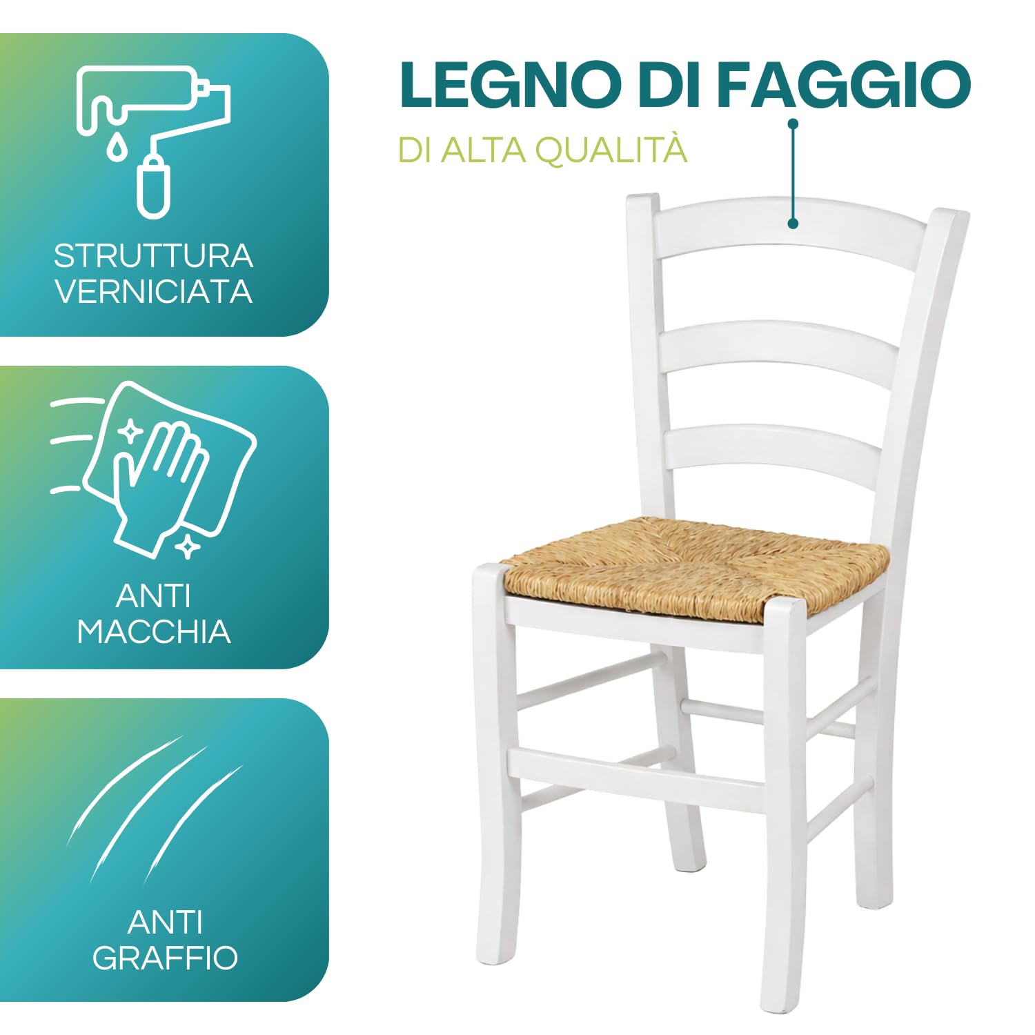 VIRSUS Set 4 Sedie Paesana in Legno con Seduta in Paglia, Misura 43x42x86 cm, Sedia Tradizionale Robusta, per Casa, Cucina, Agriturismo, Ristorante, Made in Italy (Bianco)