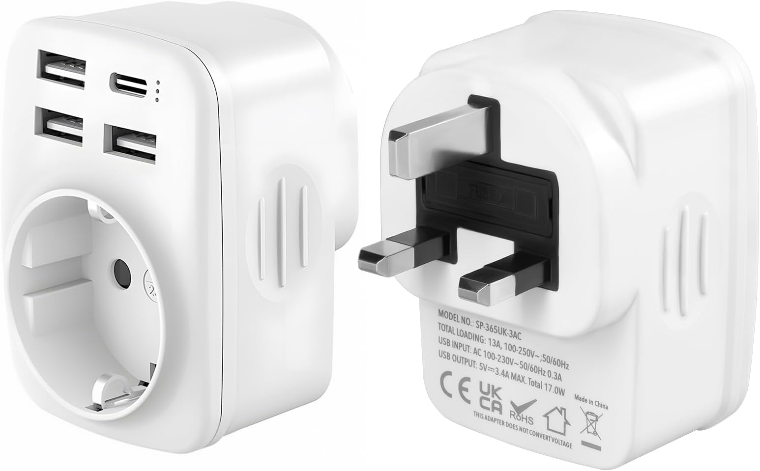 Adaptateur Prise Anglaise UK 6 En 1 - 2 Prises + 2 USB-A + 2 USB-C - Pour Voyage UK, Irlande, Dubaï, Malaisie…