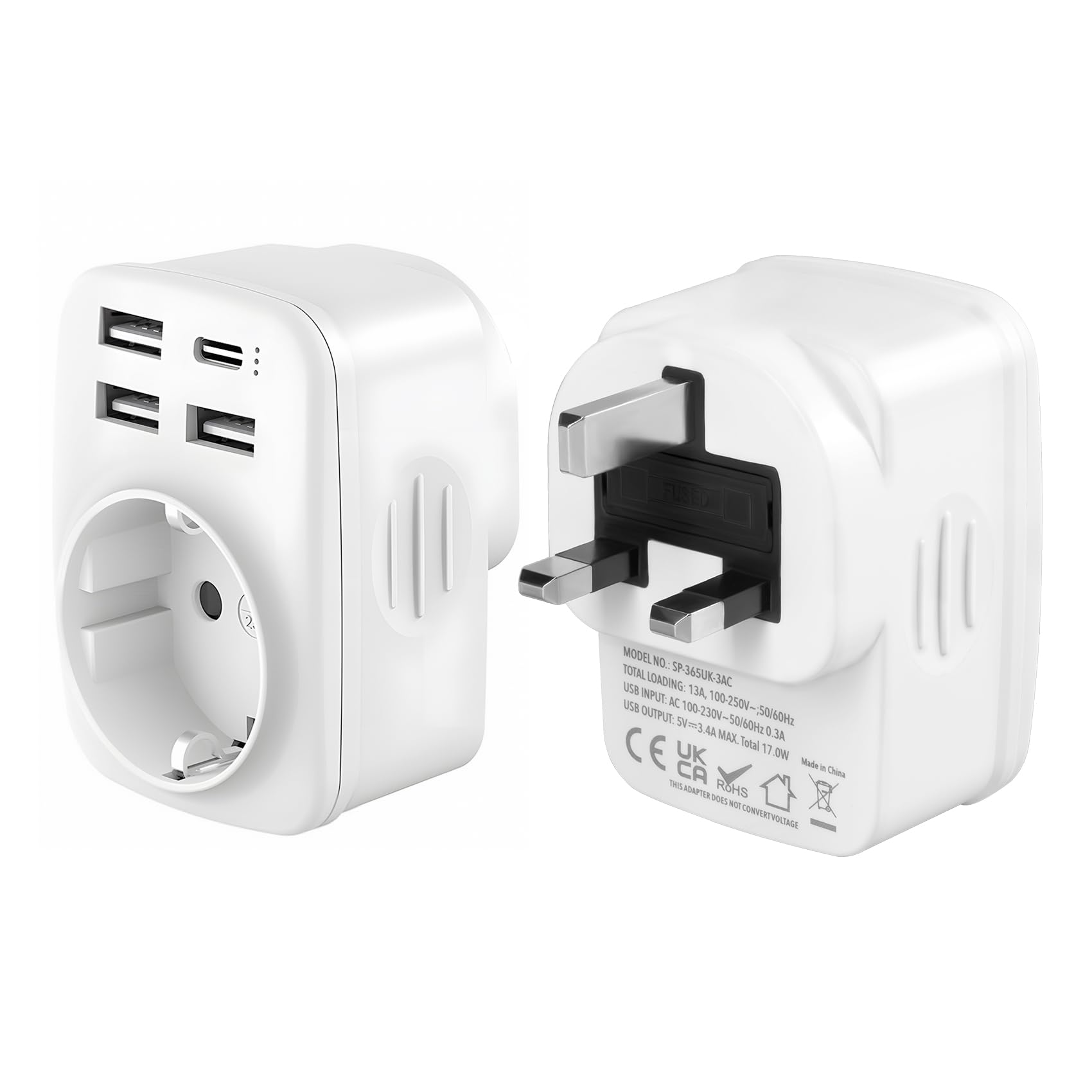 Adaptateur Prise UK Vers EU Avec Ports USB - 3 USB-A + 1 USB-C - Pour Angleterre, Irlande, Malte
