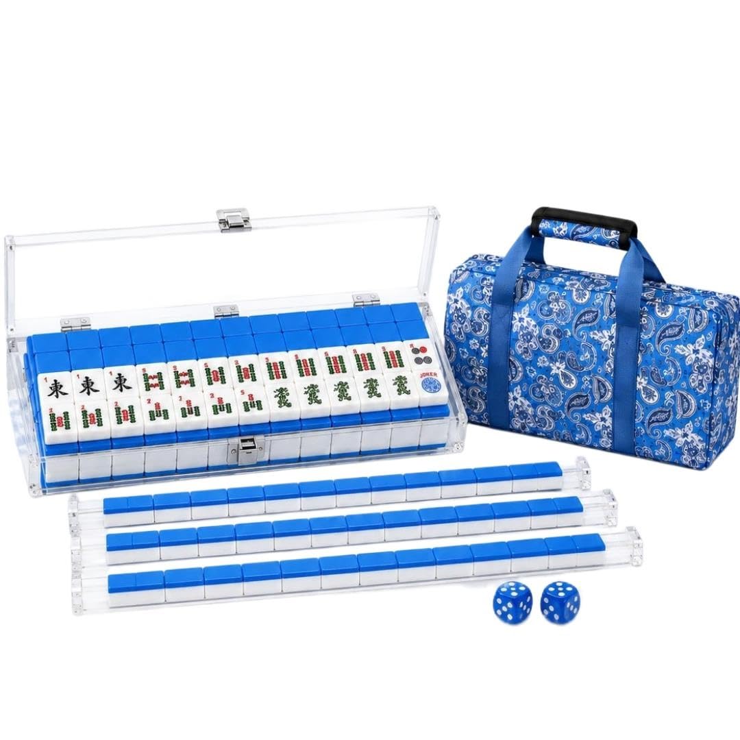 Komplettes amerikanisches Mahjong‑Set, 166‑teilig mit Zubehör | Amerikanisches Mahjong‑Set,166 Melamin‑Steine,Acryl‑Gestelle,Koffer,Tasche,optionale Matte für Familienspiele