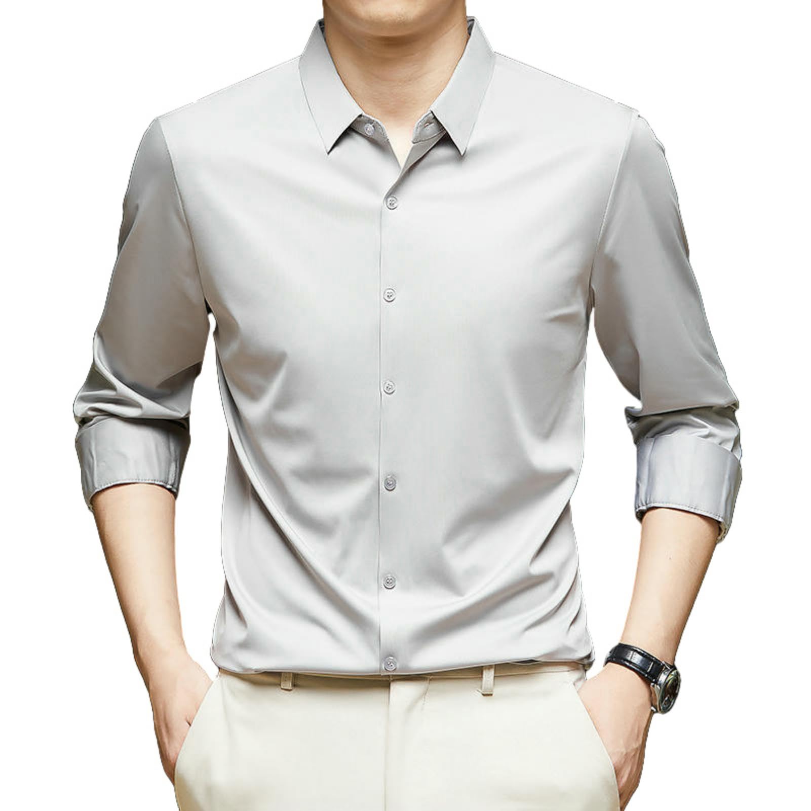 Herren Einfarbiges Langarm Nahtloses Knitterfreies Eisseide Business Casual Frühling Herbst Hemd