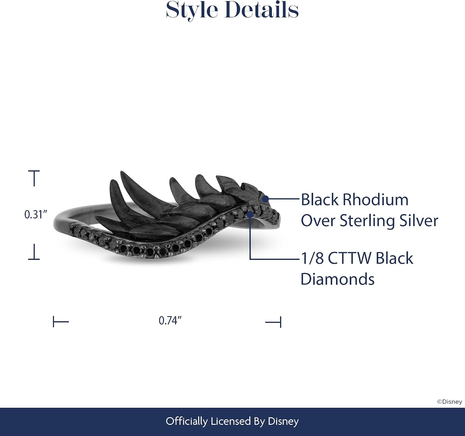 Jewelili Enchanted Disney Fine Jewelry Sterling Silver with Black Rhodium 1/8 Cttw Treated Round Black Diamond Maleficent Wings Ring