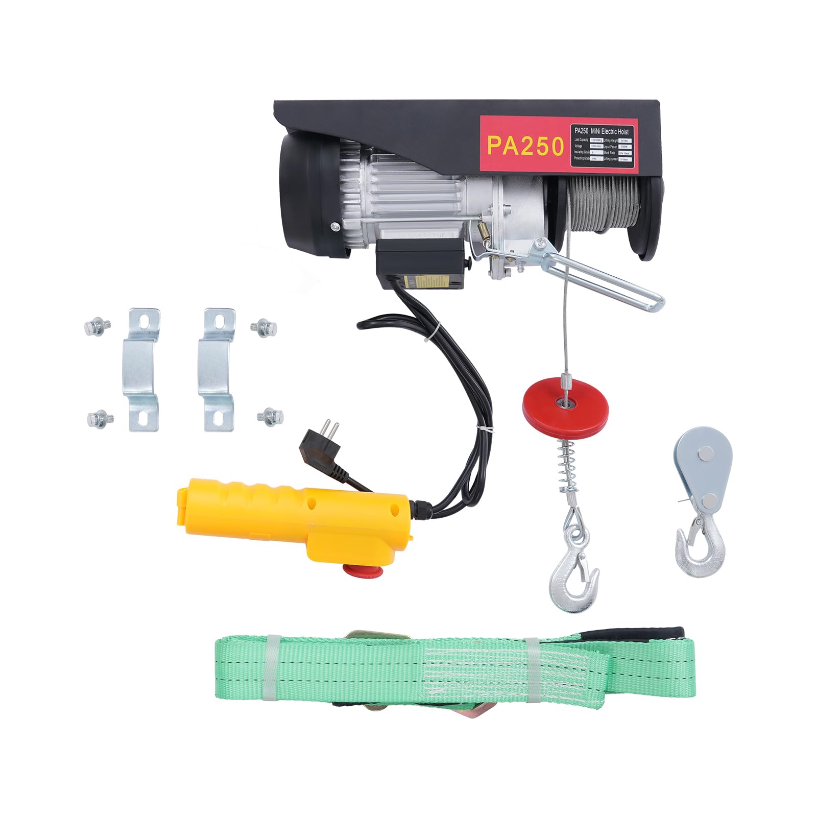 Elektrische Seilwinde 550W 125kg/250kg Hubhöhe 9m/18m Stahlseil mit Fernbedienung & Endschalter