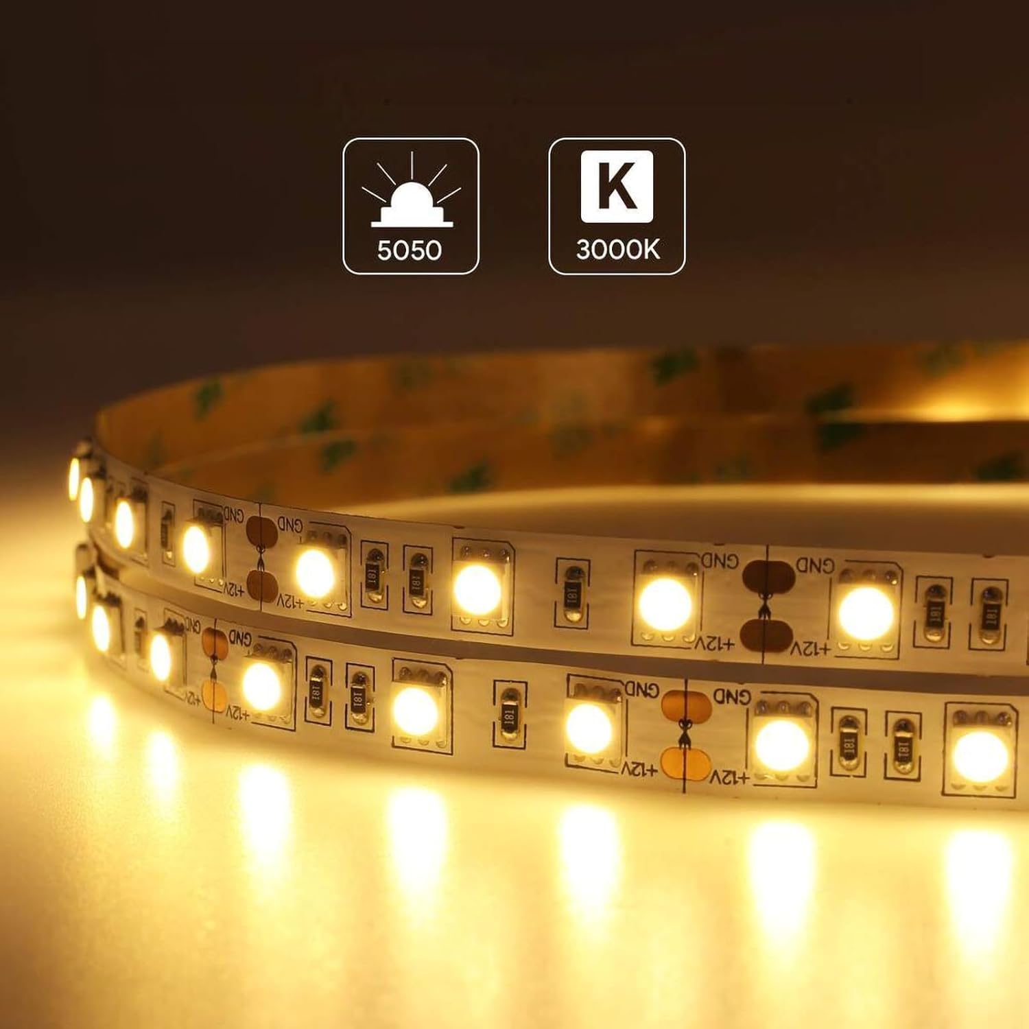 Warm White LED Strip Light, Non-Waterproof 16ft/5m SMD5050 Total 300 LEDs (60 LED/m) DC12V Flexible Cuttable Warm LED Tape Light (No 12V Power Plug/Adapter) - Image 3
