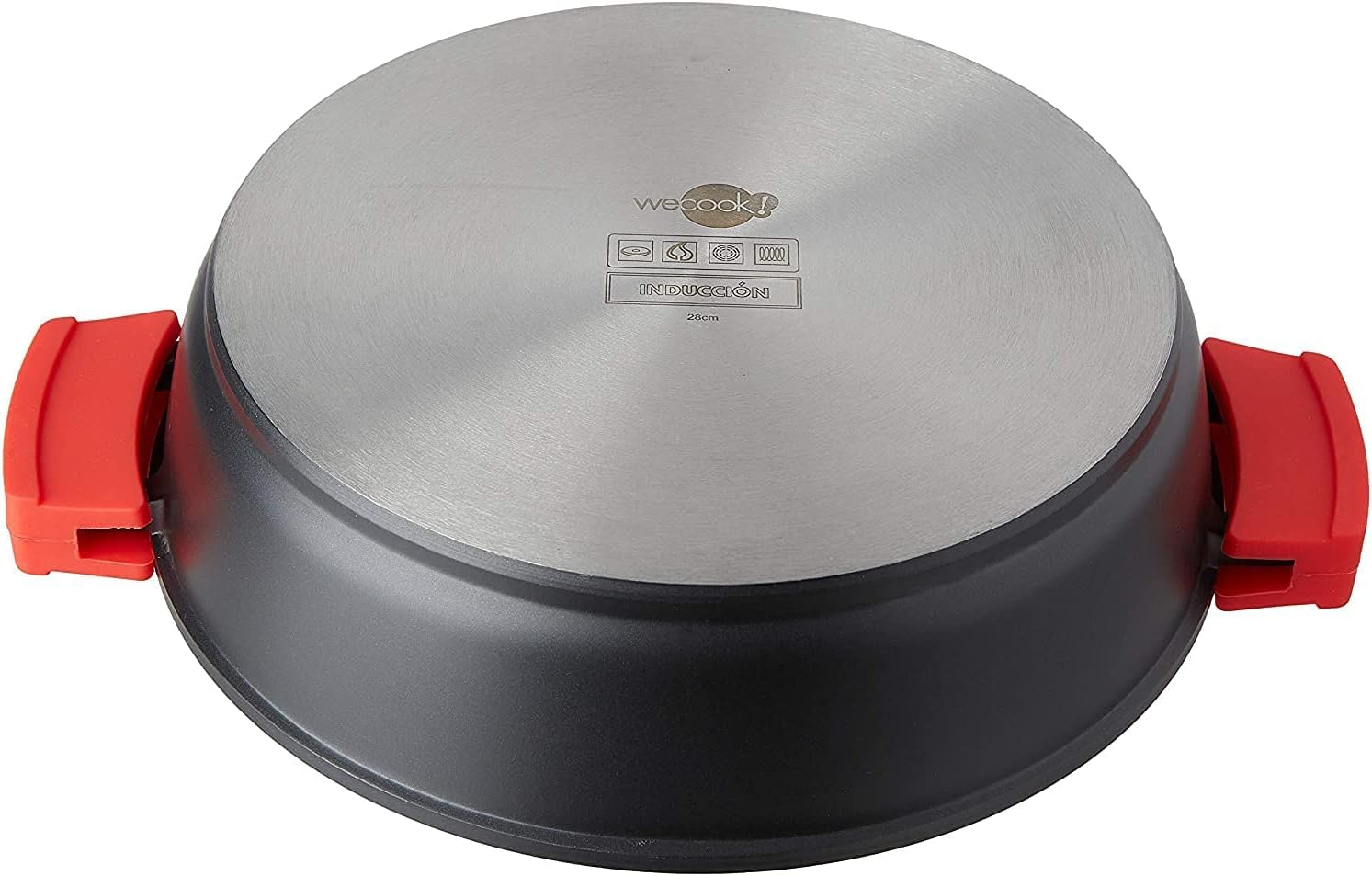 WECOOK! Ecostone Cazuela Baja Inducción con Tapa de Cristal 32cm, Antiadherente XTRA DUPON Ecológico sin PFOA, Aluminio Fundido, 5mm Espesor, 7,5cm Alto, Asas Silicona, Vitrocerámica, Gas Negro