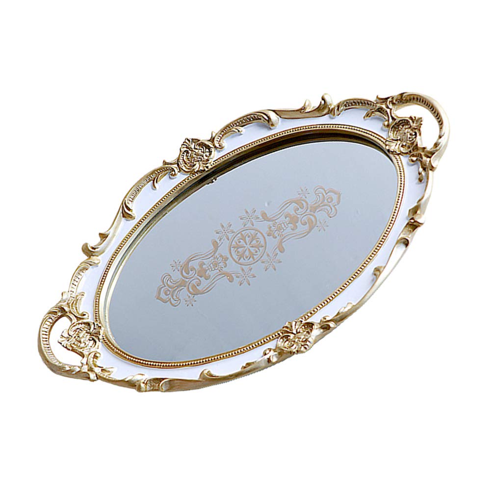HOUDERCO Schmuck Organizer Spiegel Tablett - Ovales Kosmetik-Tablett Für Kommode | Goldfarben 30x12 Cm