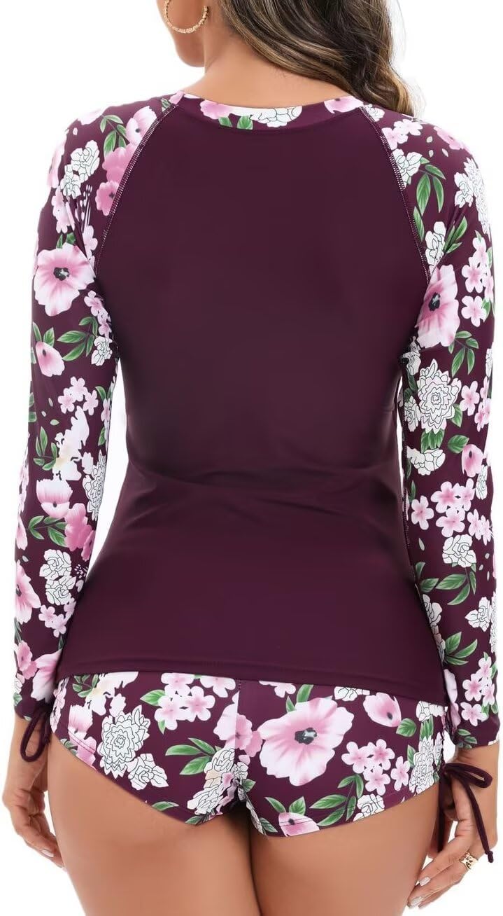 Women's Long Sleeve Rash Guard Printed Surfing Two Piece Swimsuit Bathing Suit,One Piece Bathing