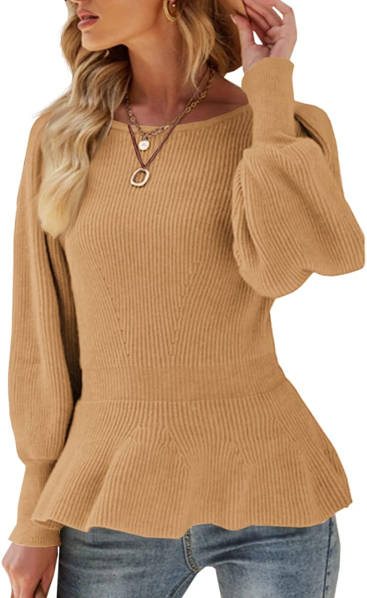 Womens Fall Puff Sleeve Peplum Casual Slim Fit Knit Pullover Sweater Jumper Tops