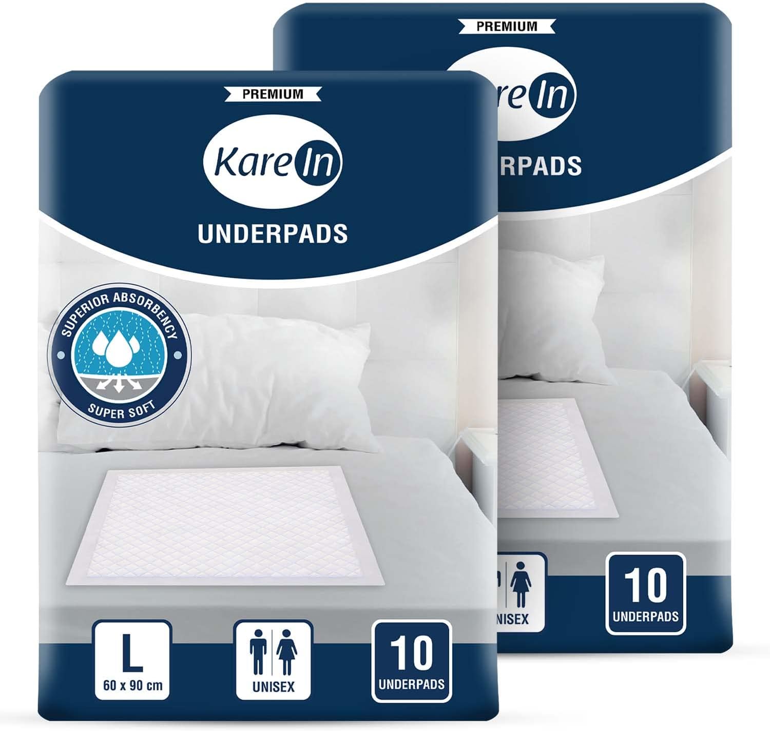 KareIn Premium Underpads, Large 60 x 90 Cm, 20 Count, High Absorbency, Leak Proof, Pack of 2