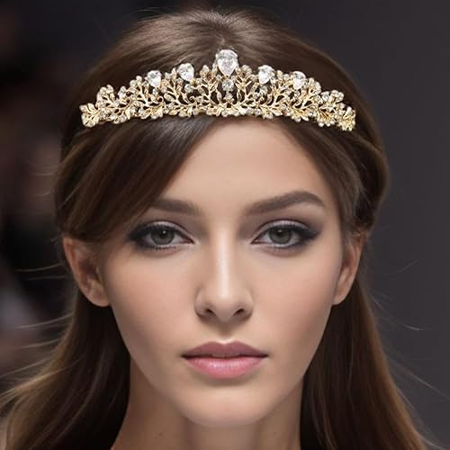 Miniatura 5 de Samky Tocado nupcial de boda de oro, corona de diamantes de imitación, accesorios para el cabello de cristal para la novia, Metal, Cristal